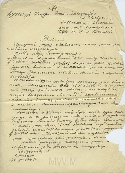 KKE 5599.jpg - Dok. Pismo Michała Katkowskiego do Dyrekcji Okręgu Poczt i Telegrafów w Olsztynie w sprawie zaliczenia do pracowników umysłowych, Ostróda, 26 V 1945 r.